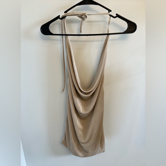 Fiestar Gold Plunging Cowl Neck Halter Tie Mini Dress Size Small - Picture 2 of 10